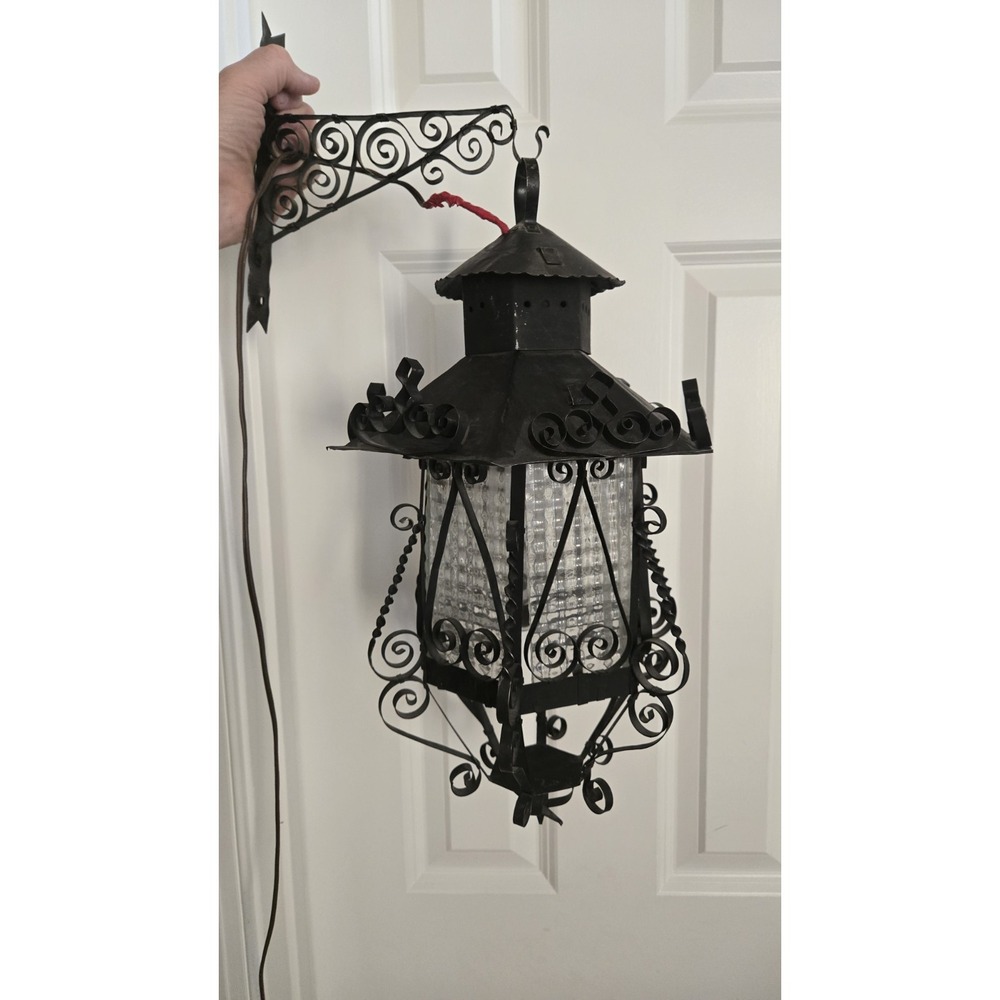 Antique Lantern Iron Pendant Chandelier Scrolled Glass Gothic Spanish Revival